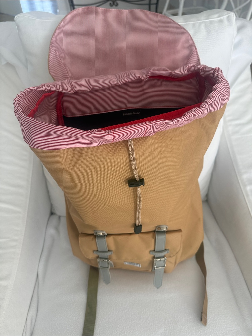 Hershel Canvas Roll-Top Backpack in Tan w/Red Striped Lining w/velvety pocket